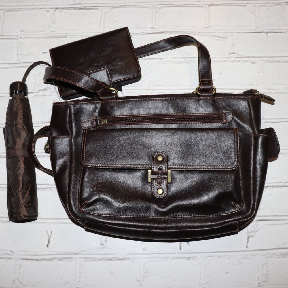 👜 Like-New Brown Leather Purse · 8.5" x 13" · Includes Umbrella & Organizer
